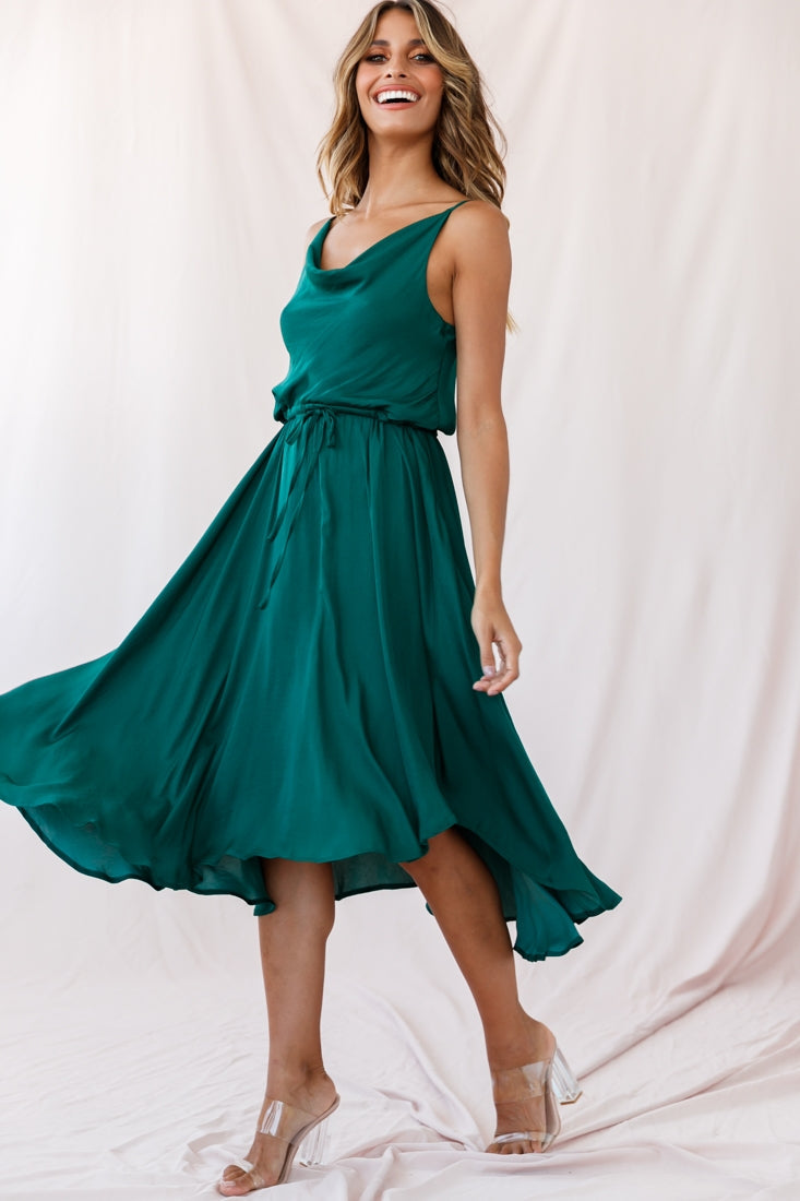 Ava Cowl Neck Drawstring Midi Dress Forest Green by Selfie Leslie