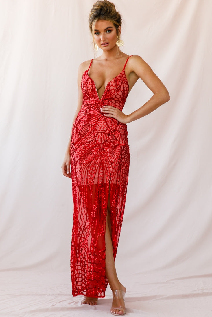 Miya Sequin Overlay Plunging Neckline Dress Red by Selfie Leslie