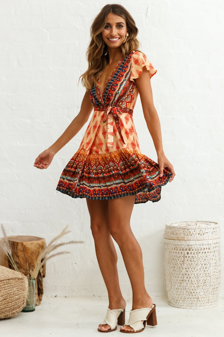 Mayan Angel Sleeve Waist Tie Dress Red Print by Selfie Leslie