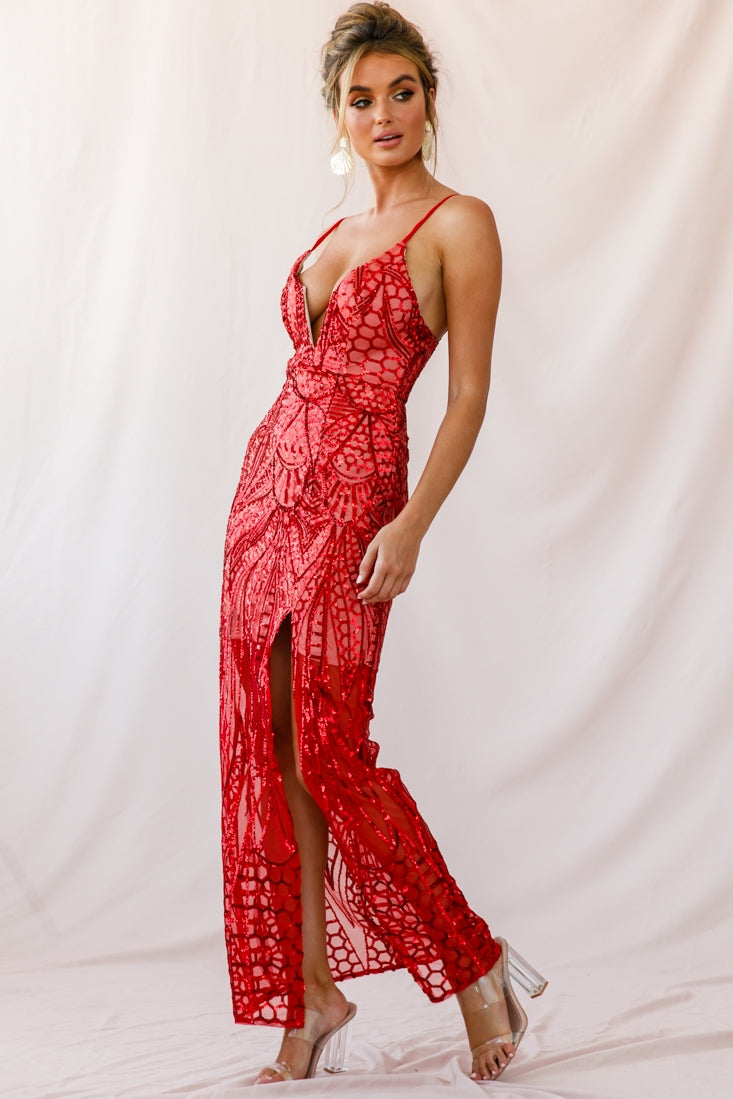 Miya Sequin Overlay Plunging Neckline Dress Red by Selfie Leslie