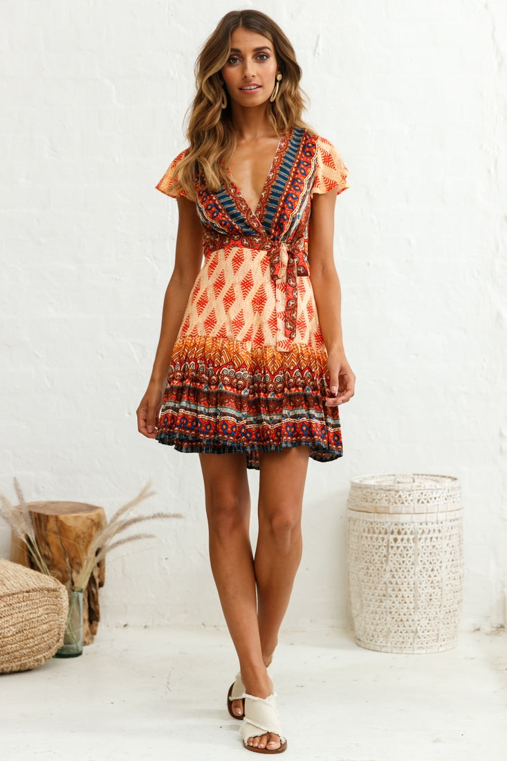 Mayan Angel Sleeve Waist Tie Dress Red Print by Selfie Leslie
