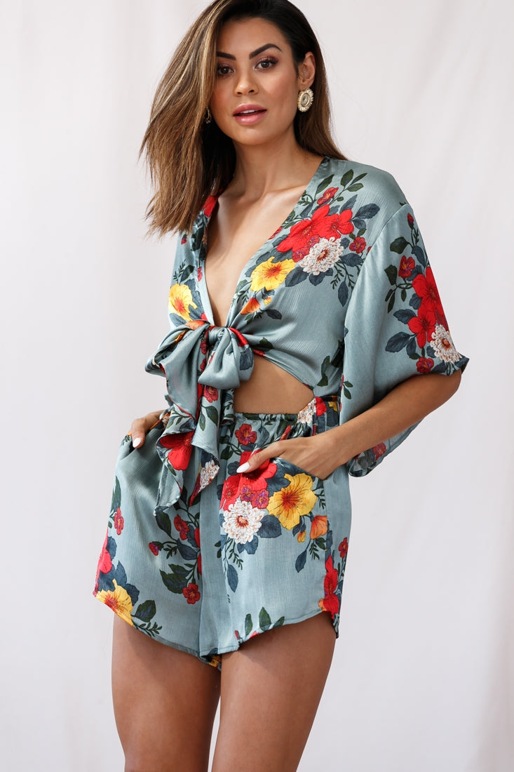 Rivera Tie-Knot Bell Sleeve Romper Sage by Selfie Leslie