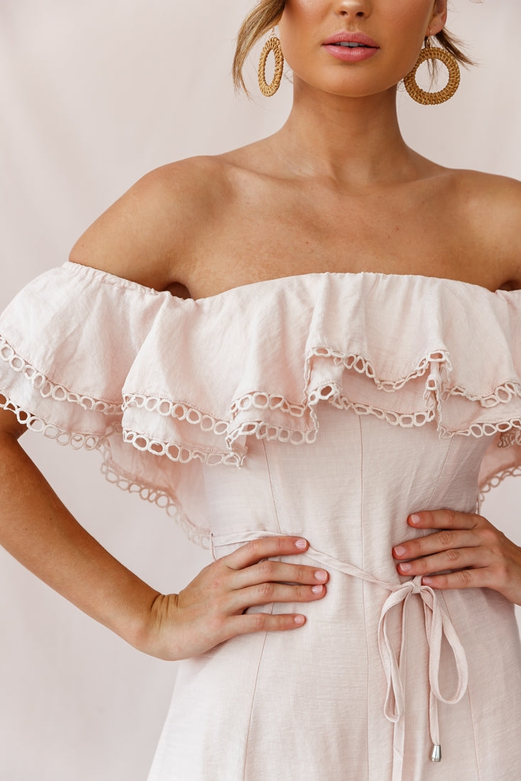 Beloved Off-Shoulder Wide Leg Jumpsuit Nude by Selfie Leslie