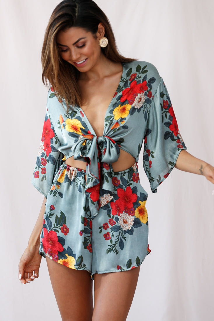 Rivera Tie-Knot Bell Sleeve Romper Sage by Selfie Leslie