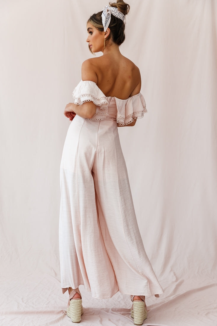 Beloved Off-Shoulder Wide Leg Jumpsuit Nude by Selfie Leslie