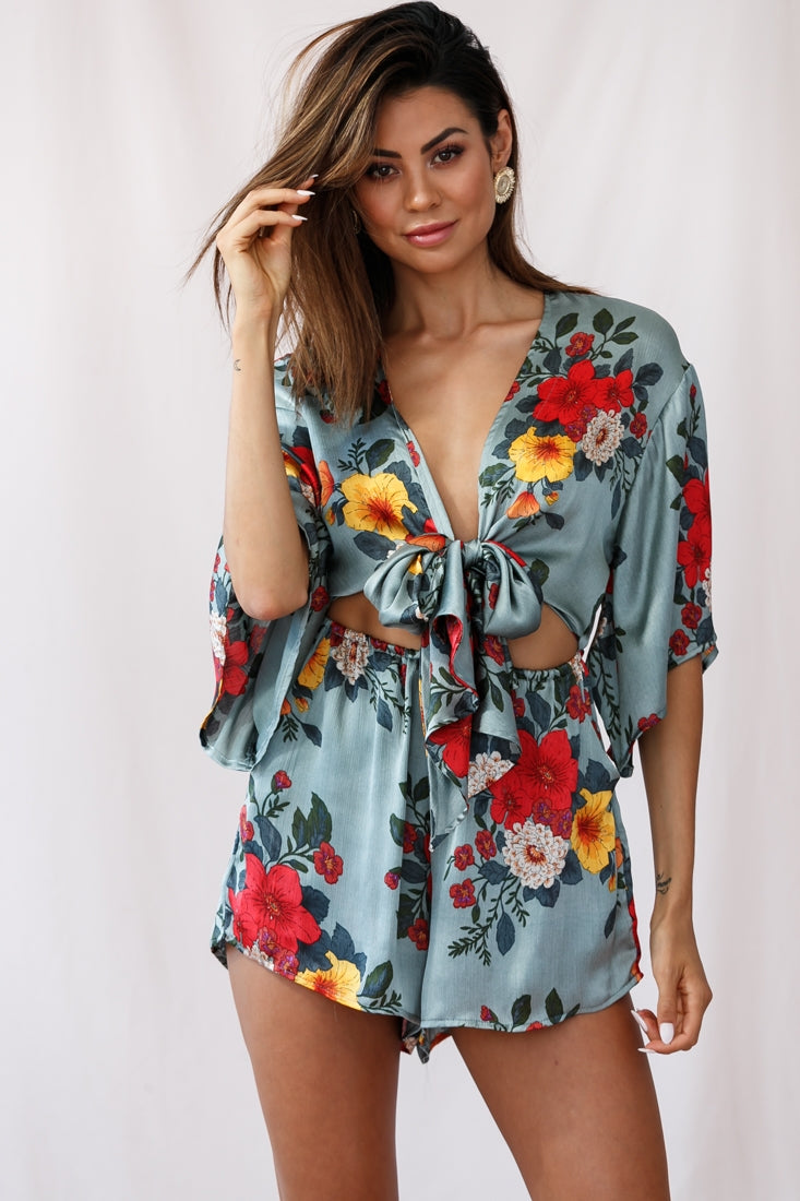 Rivera Tie-Knot Bell Sleeve Romper Sage by Selfie Leslie