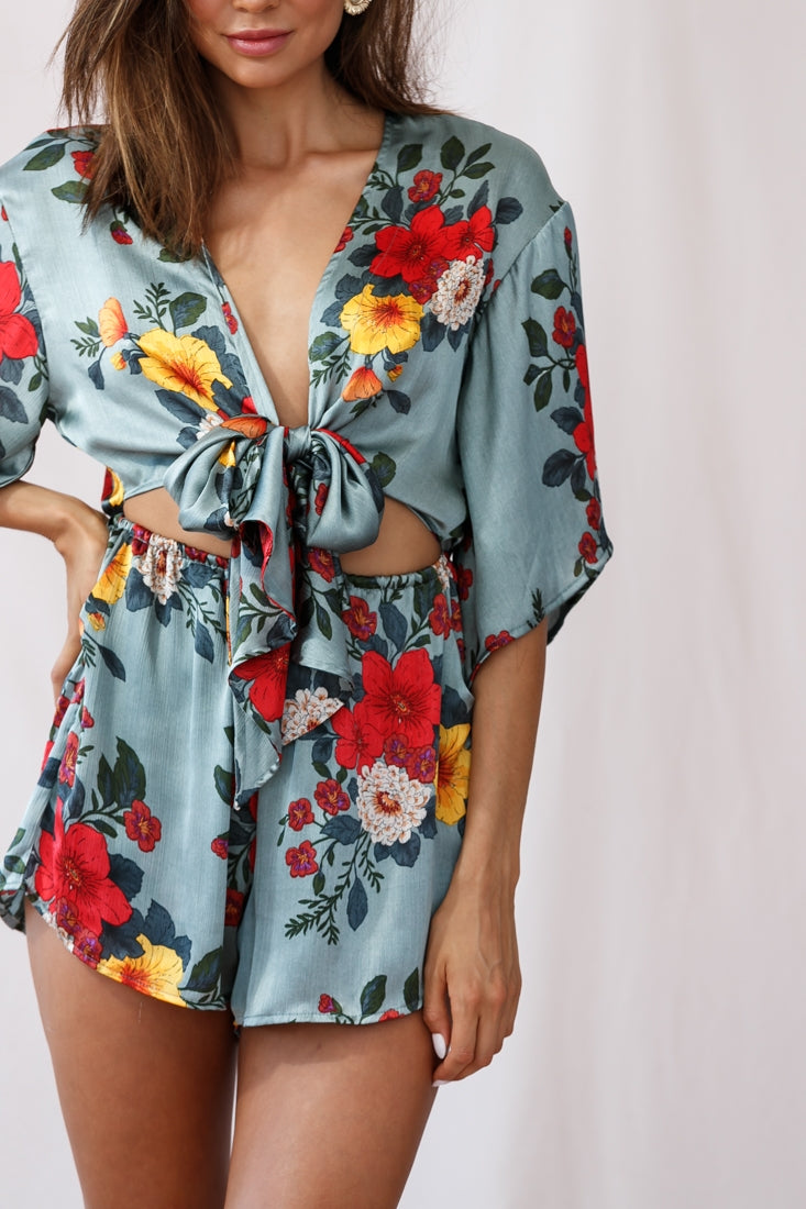 Rivera Tie-Knot Bell Sleeve Romper Sage by Selfie Leslie