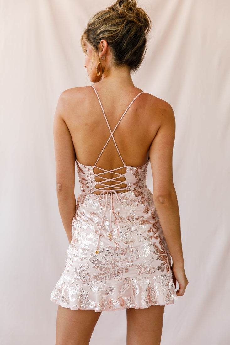 Dazed Lace-Up Back Dress Rose Gold by Selfie Leslie