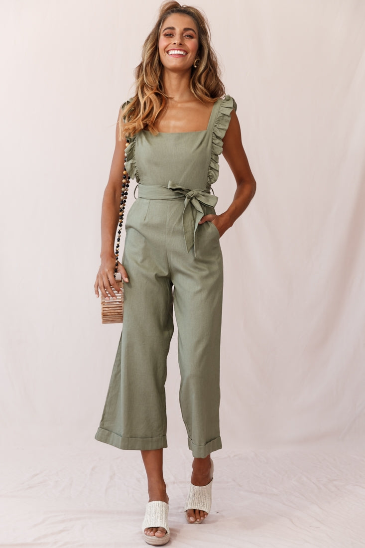 Serenade Ruffle Strap Pinafore Jumpsuit Olive by Selfie Leslie