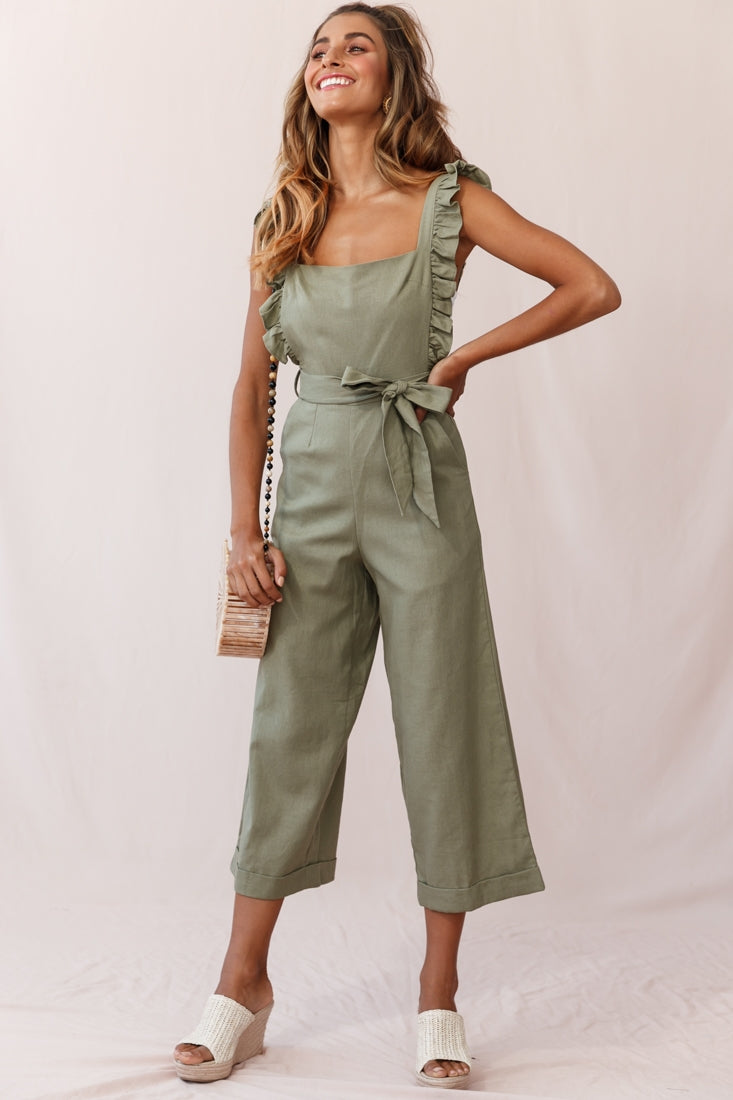 Serenade Ruffle Strap Pinafore Jumpsuit Olive by Selfie Leslie