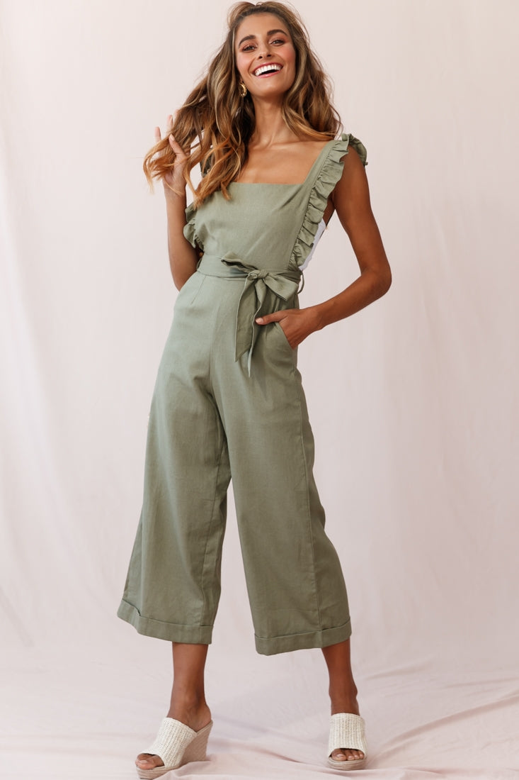 Serenade Ruffle Strap Pinafore Jumpsuit Olive by Selfie Leslie