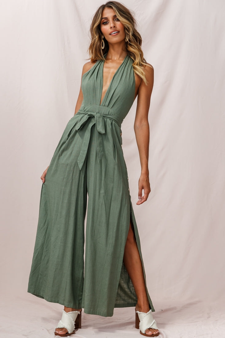 Aruba Wide Leg Halterneck Jumpsuit Khaki by Selfie Leslie