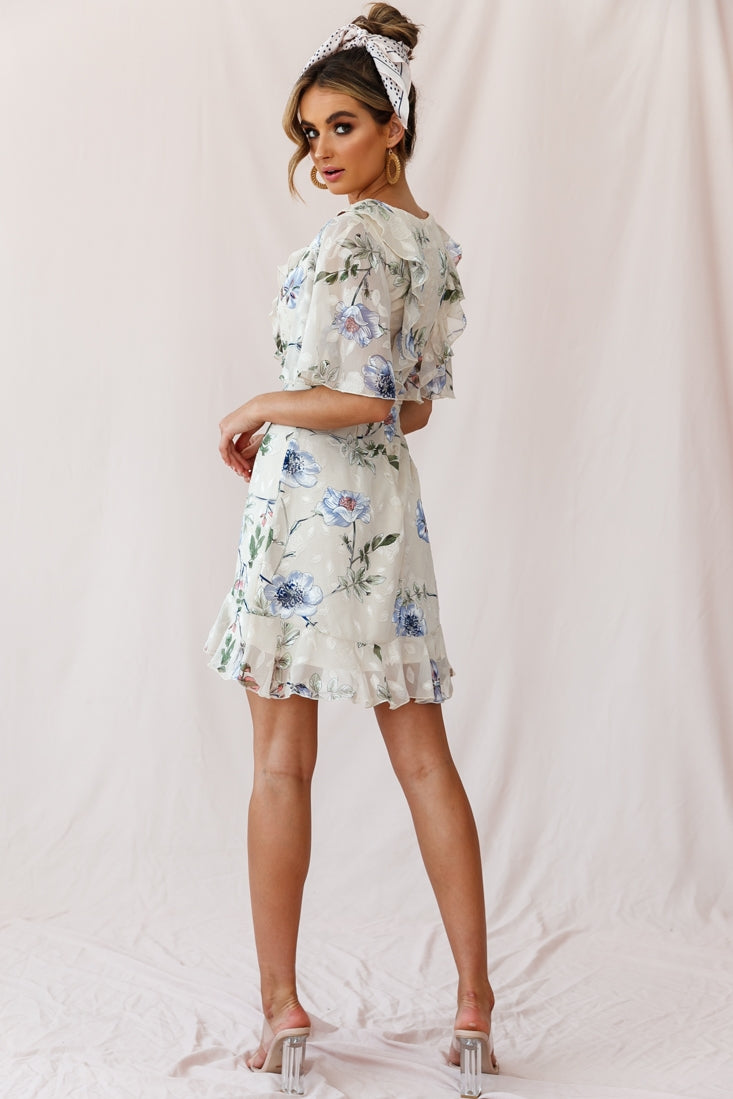 June Angel Sleeve Ruffle Detail Dress Floral Print Beige by Selfie Leslie