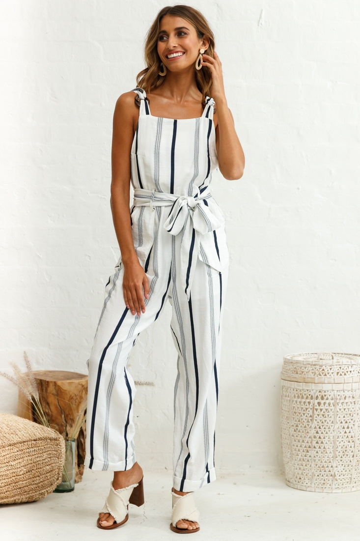 Fresno Straight Leg Pinafore Jumpsuit Stripe Print Navy by Selfie Leslie