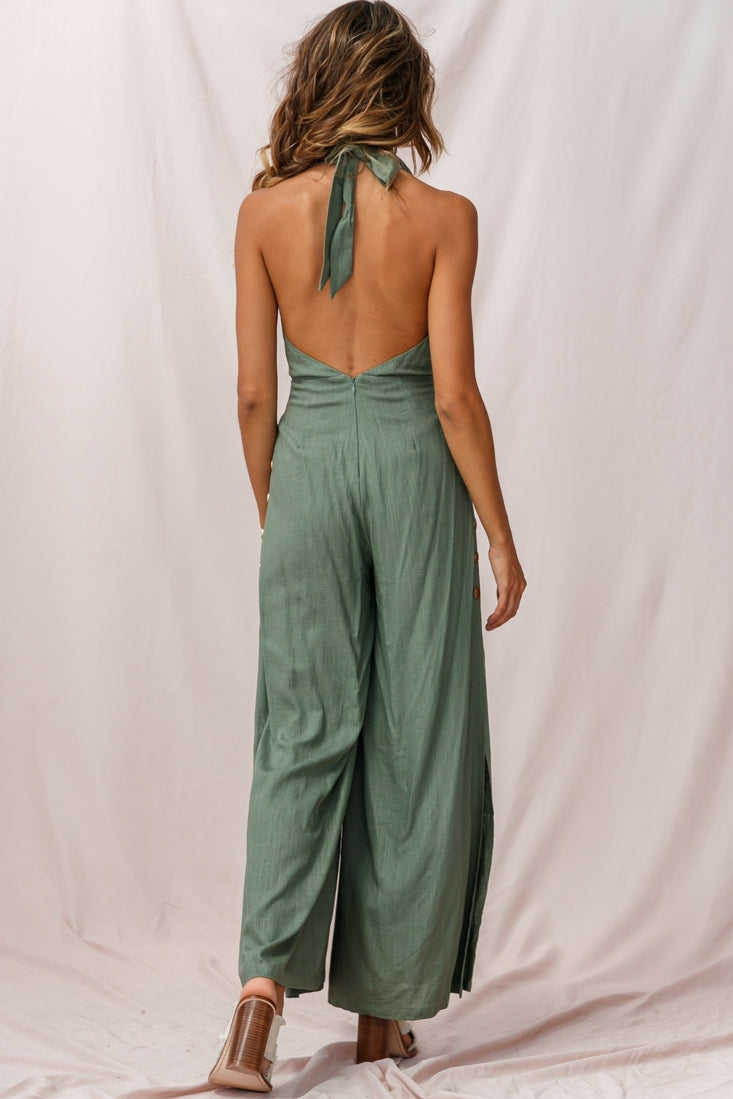 Aruba Wide Leg Halterneck Jumpsuit Khaki by Selfie Leslie