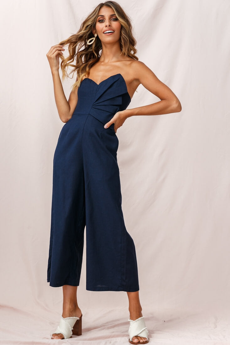 Call Me Wide-Leg Linen Bandeau Jumpsuit Navy by Selfie Leslie