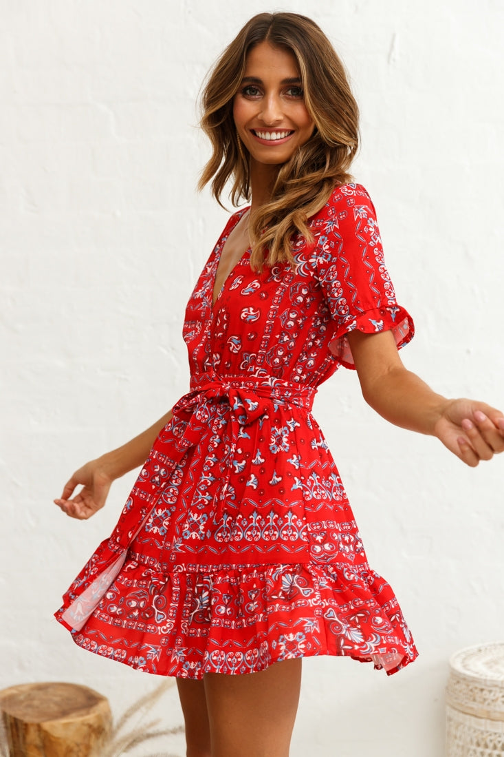 Rubi V-Neckline Wrap Dress Pattern Print Red by Selfie Leslie