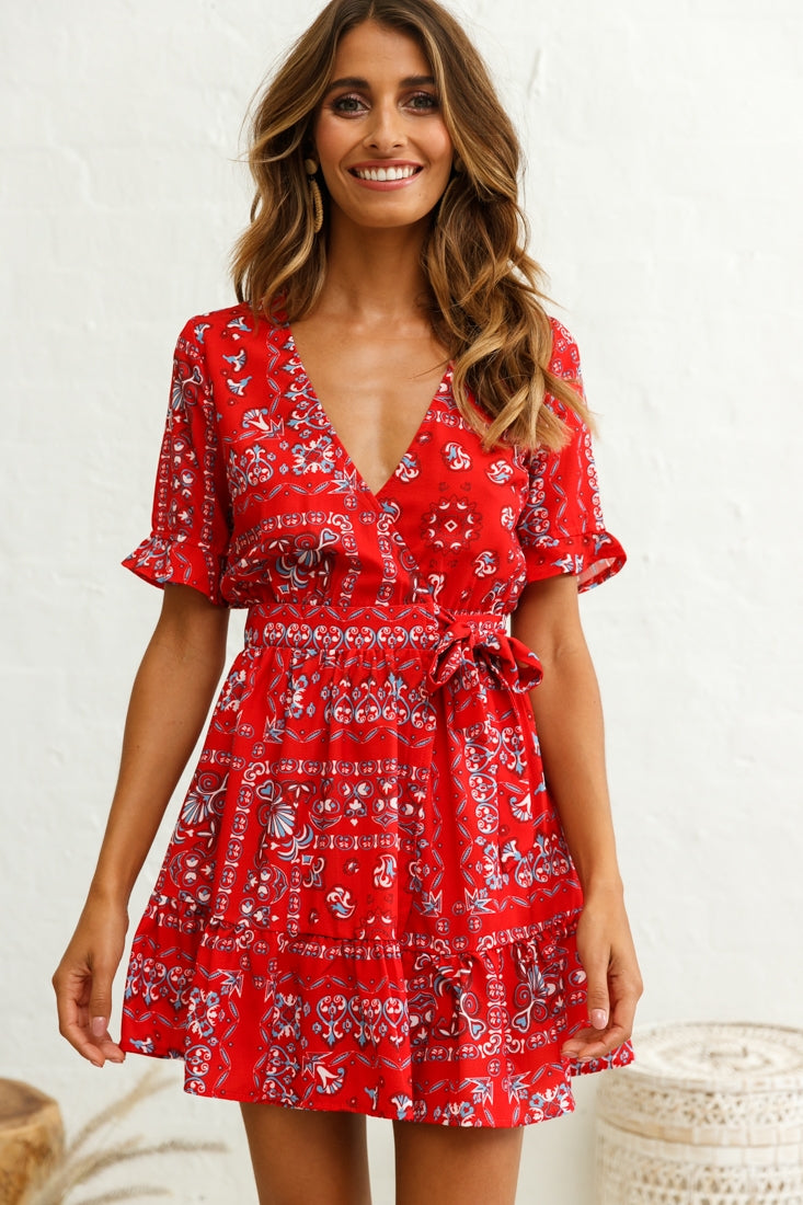 Rubi V-Neckline Wrap Dress Pattern Print Red by Selfie Leslie