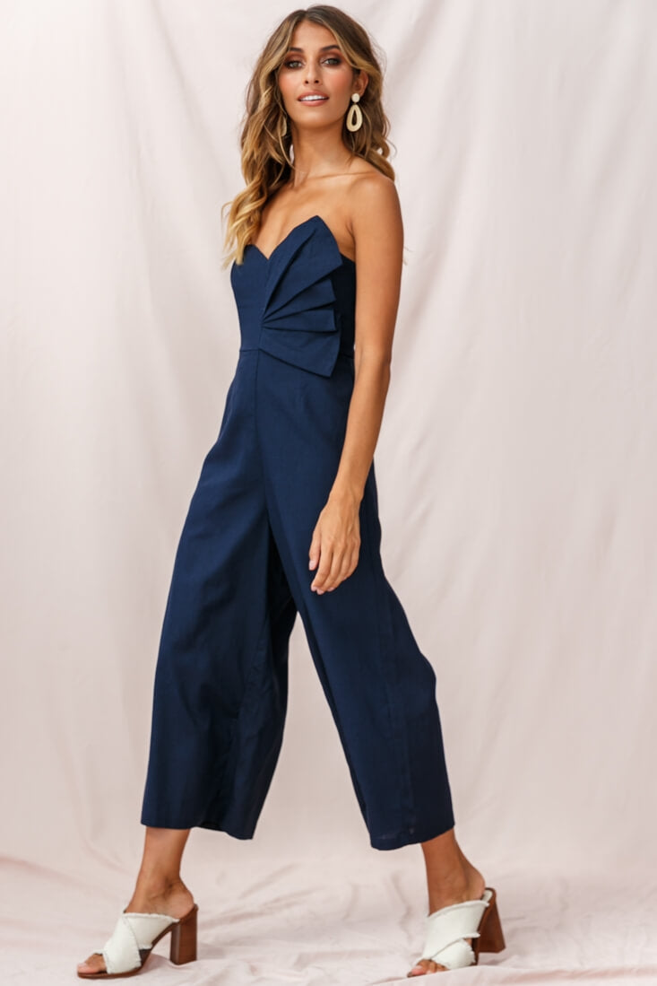 Call Me Wide-Leg Linen Bandeau Jumpsuit Navy by Selfie Leslie