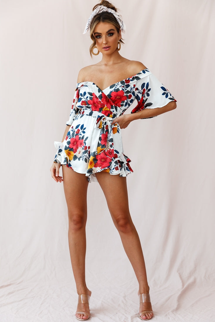 Ambrosia Off-Shoulder Floral Romper White by Selfie Leslie