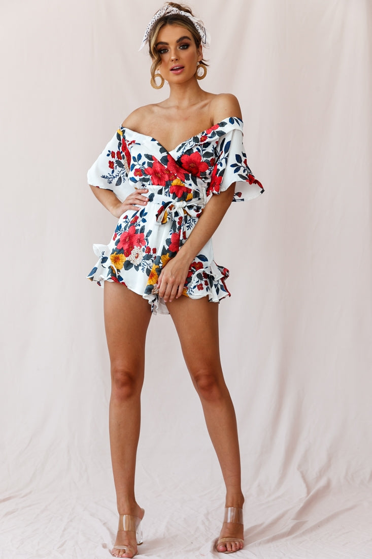 Ambrosia Off-Shoulder Floral Romper White by Selfie Leslie