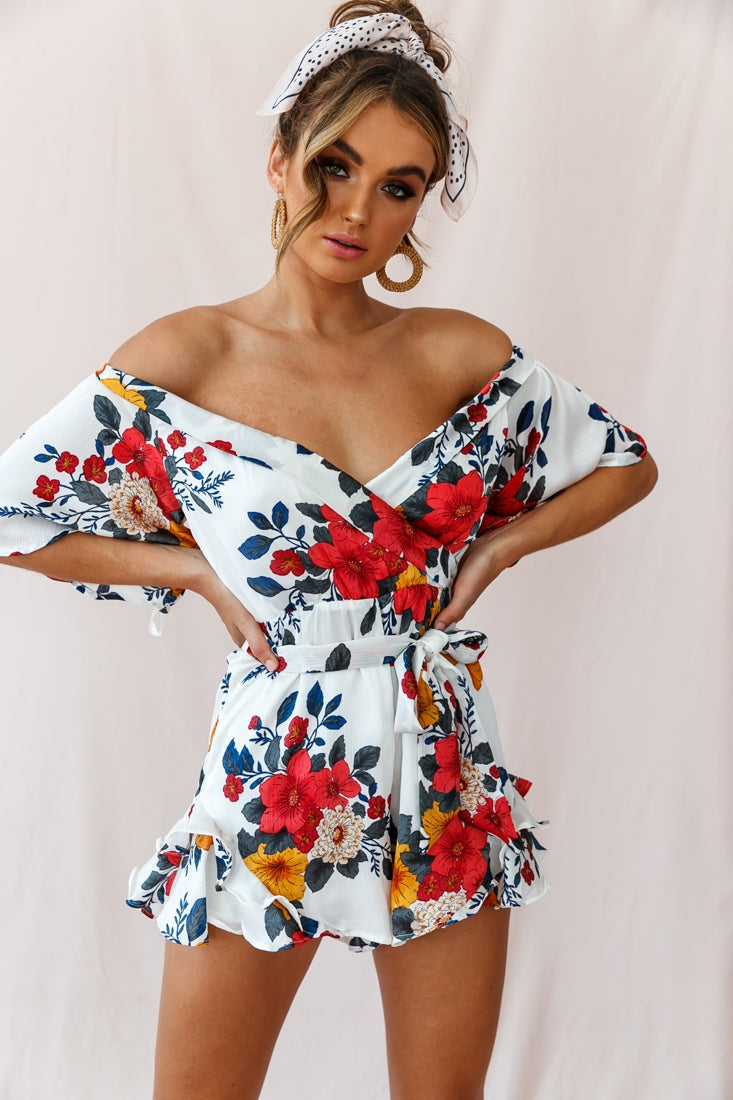 Ambrosia Off-Shoulder Floral Romper White by Selfie Leslie