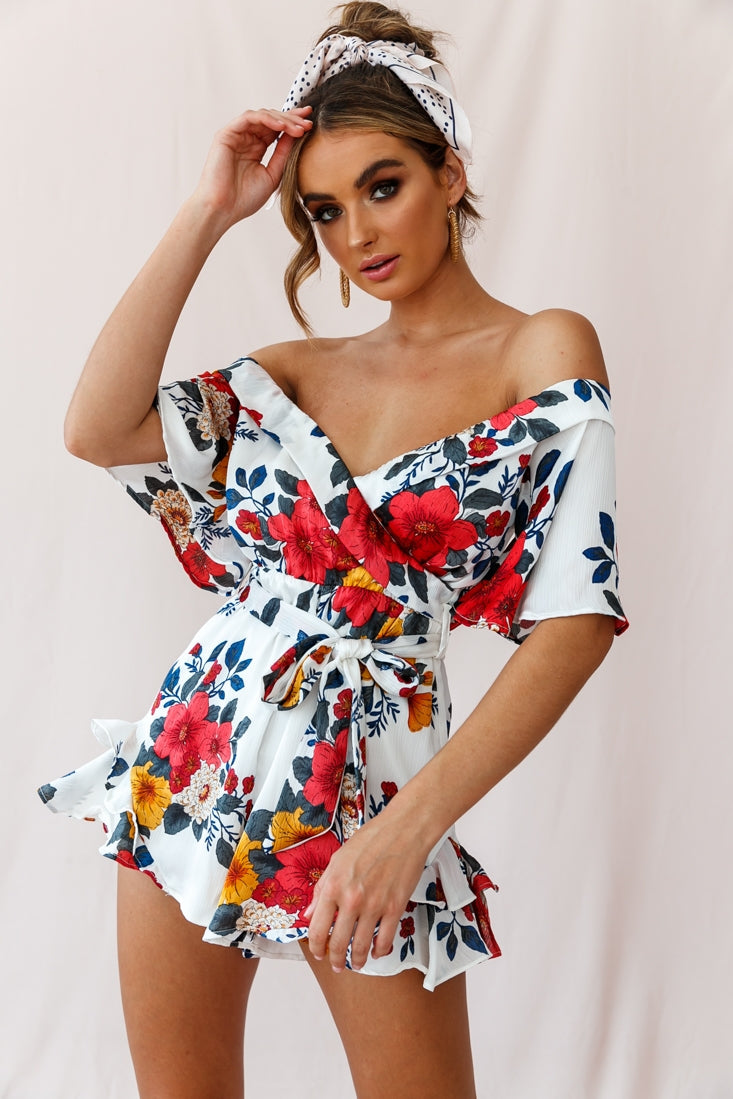 Ambrosia Off-Shoulder Floral Romper White by Selfie Leslie