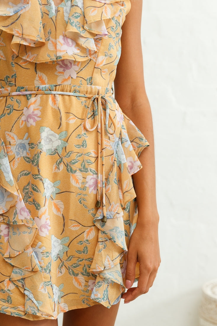 Pretty Please Frill Detail Tie-Back Dress Floral Print Mustard by Selfie Leslie