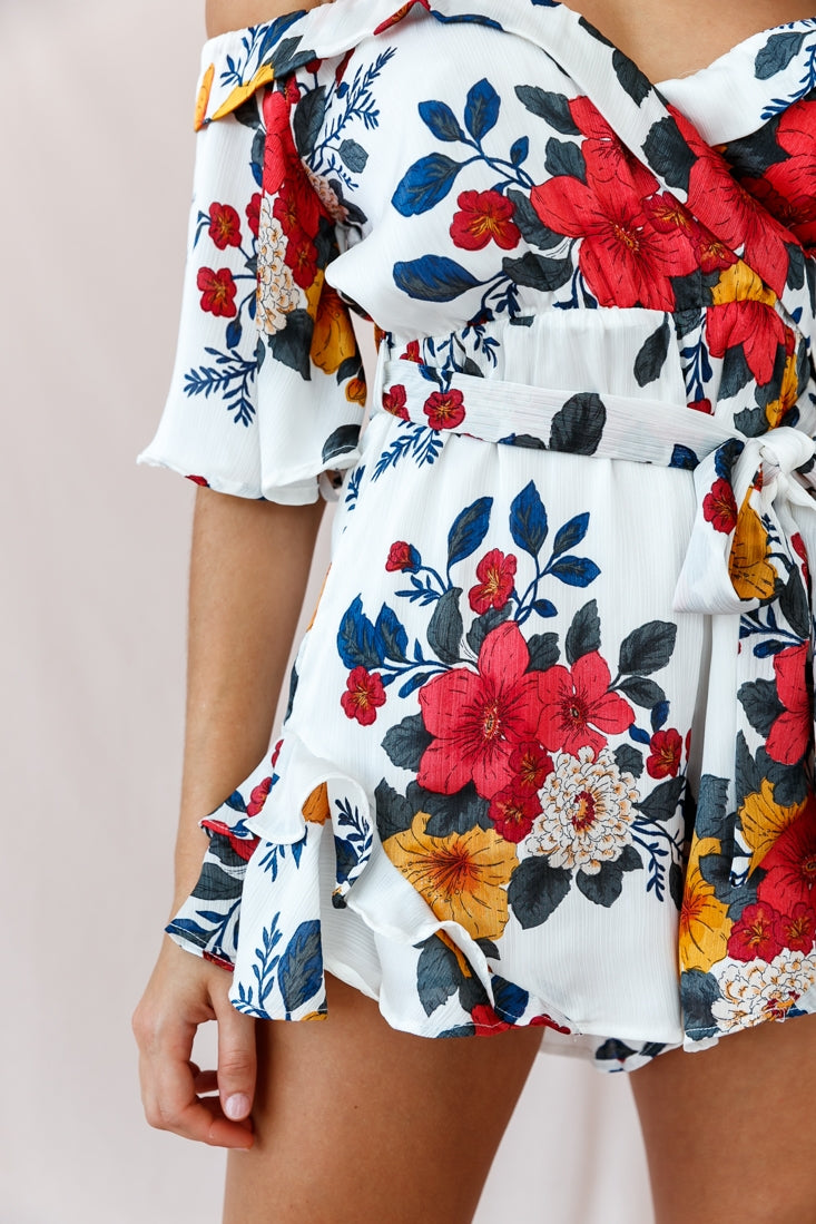 Ambrosia Off-Shoulder Floral Romper White by Selfie Leslie