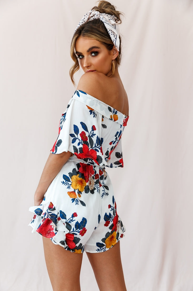 Ambrosia Off-Shoulder Floral Romper White by Selfie Leslie