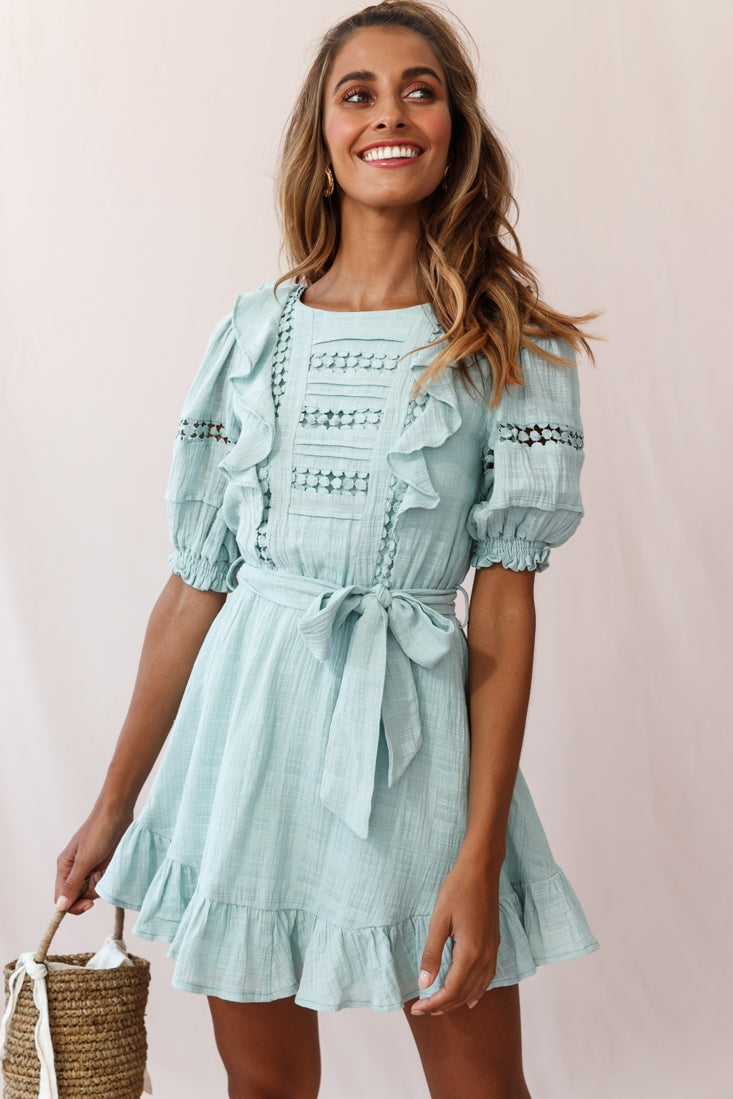 Delia Puff Sleeve Crochet Detail Dress Sage by Selfie Leslie