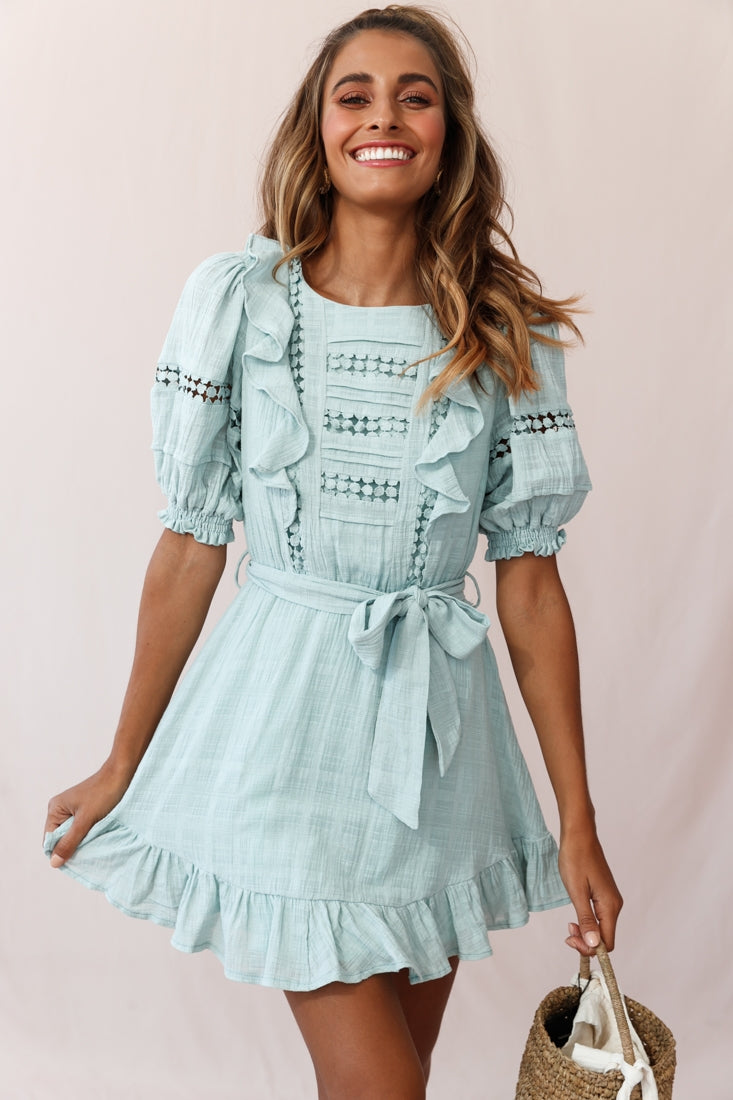 Delia Puff Sleeve Crochet Detail Dress Sage by Selfie Leslie