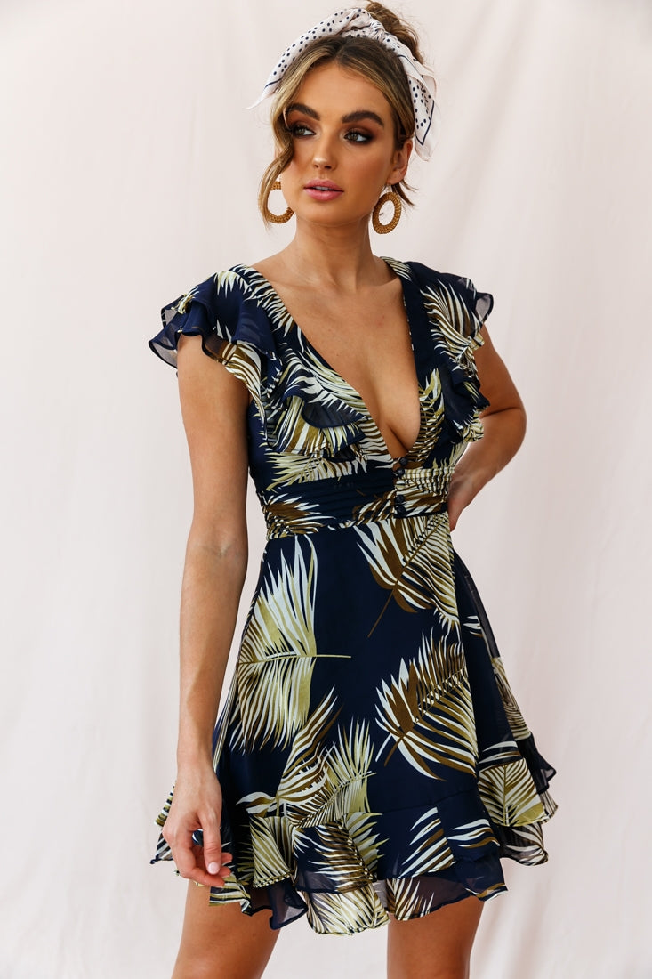 Shaina Pintuck Placket Empire Cut Dress Palm Print Navy by Selfie Leslie