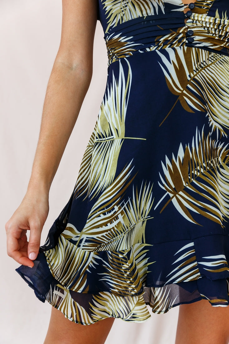 Shaina Pintuck Placket Empire Cut Dress Palm Print Navy by Selfie Leslie