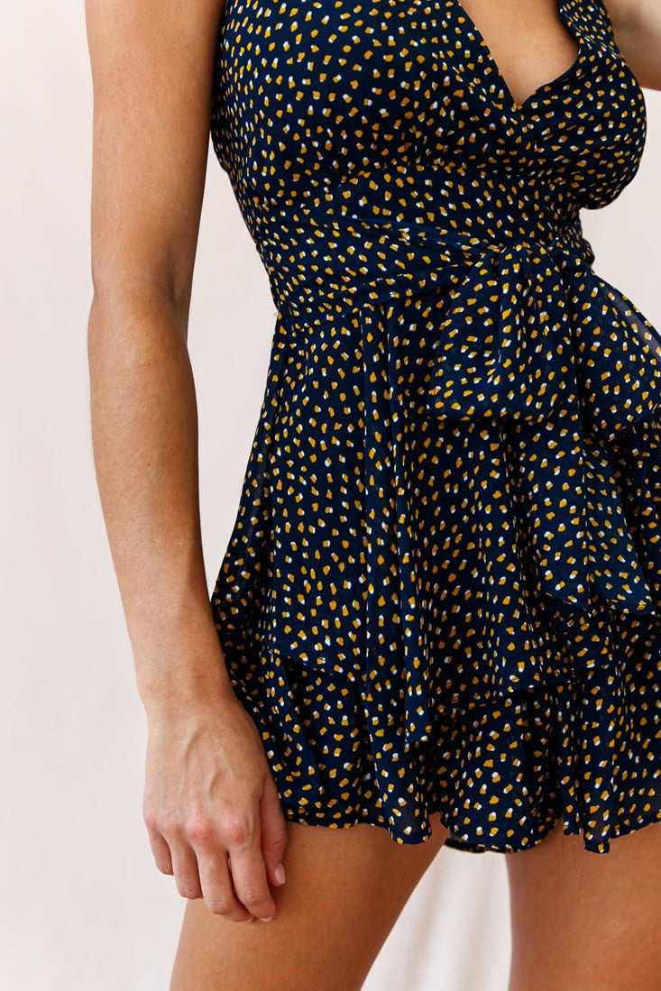 Maddox Fit & Flare Cami Strap Romper Speckle Print Navy by Selfie Leslie