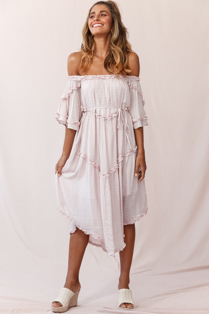Renoir Off-Shoulder Frill Trim Midi Dress Mauve by Selfie Leslie