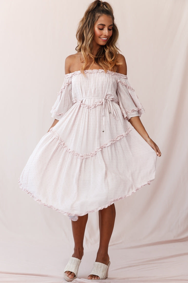 Renoir Off-Shoulder Frill Trim Midi Dress Mauve by Selfie Leslie