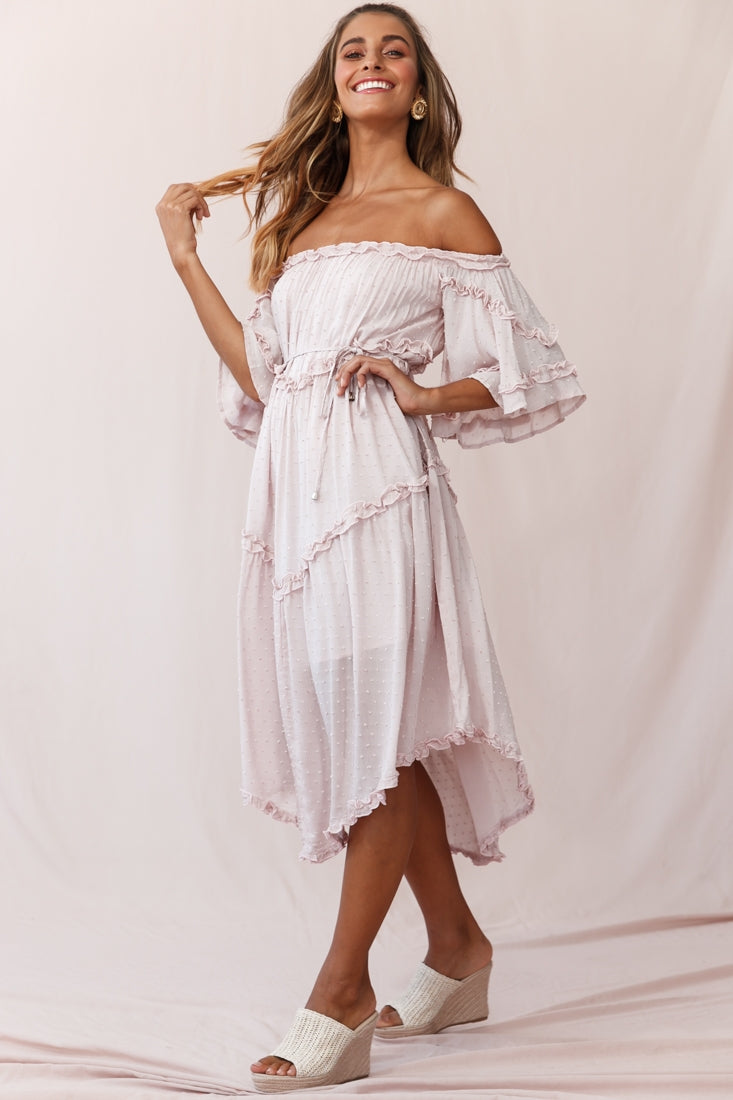 Renoir Off-Shoulder Frill Trim Midi Dress Mauve by Selfie Leslie