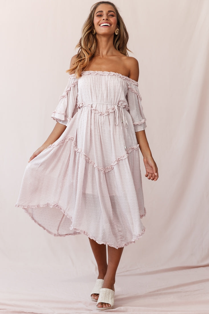 Renoir Off-Shoulder Frill Trim Midi Dress Mauve by Selfie Leslie