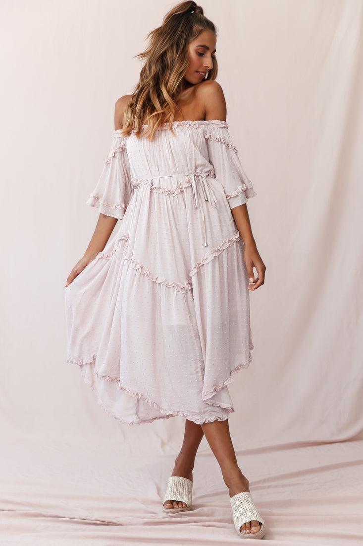 Renoir Off-Shoulder Frill Trim Midi Dress Mauve by Selfie Leslie