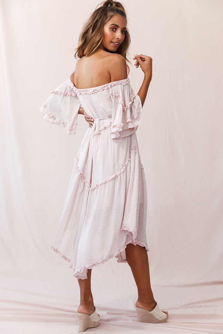 Renoir Off-Shoulder Frill Trim Midi Dress Mauve by Selfie Leslie