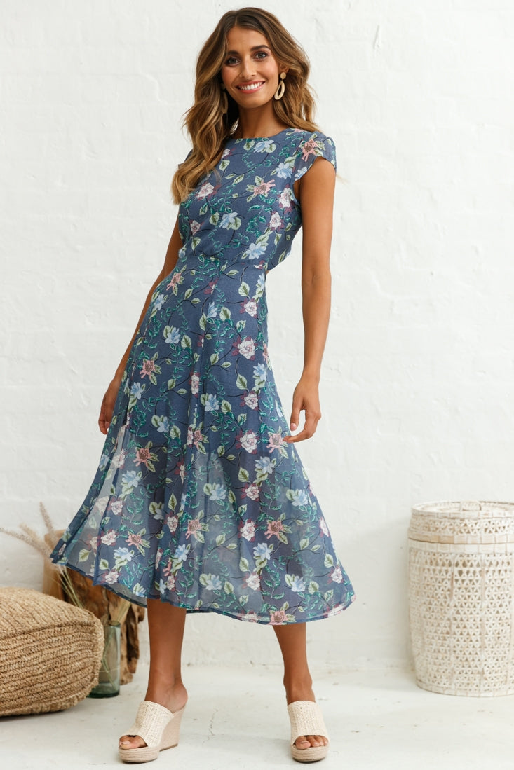 Becky Cap Sleeve Crew Neck Midi Dress Floral Print Ink by Selfie Leslie