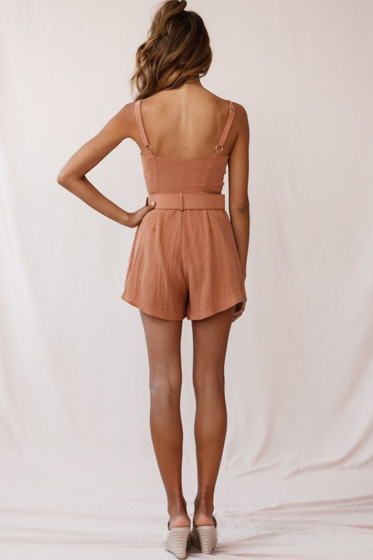 Crystal Tied Knot Belt Romper Tan by Selfie Leslie