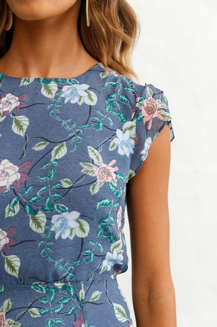 Becky Cap Sleeve Crew Neck Midi Dress Floral Print Ink by Selfie Leslie