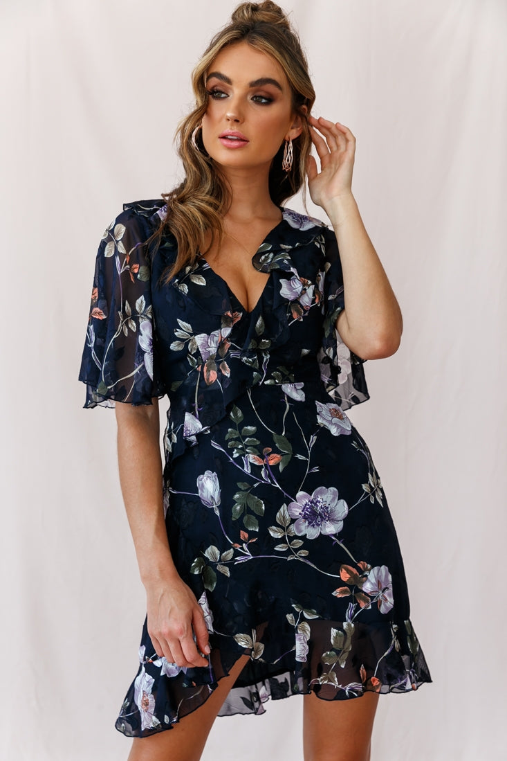 June Angel Sleeve Ruffle Detail Dress Navy by Selfie Leslie