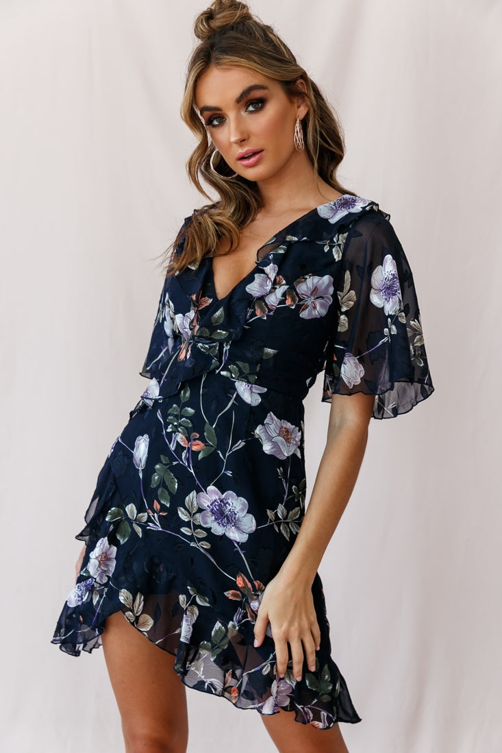 June Angel Sleeve Ruffle Detail Dress Navy by Selfie Leslie