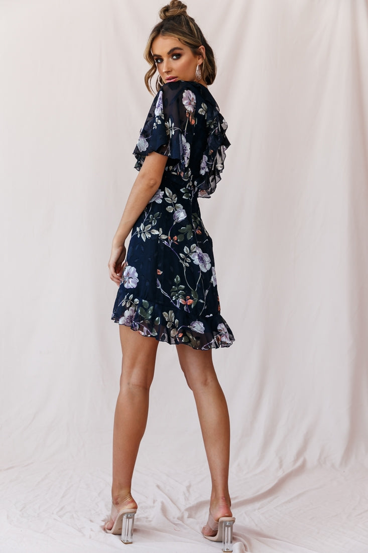 June Angel Sleeve Ruffle Detail Dress Navy by Selfie Leslie