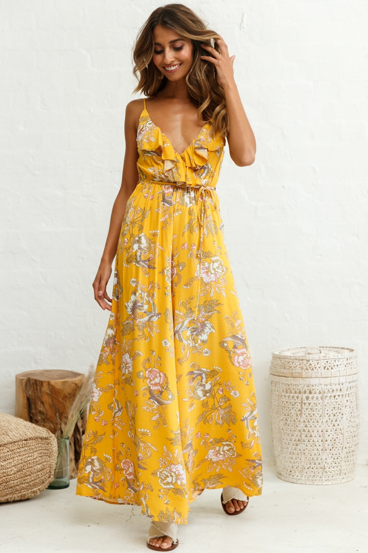 Melita Ruffle V-Neckline Jumpsuit Mustard Print by Selfie Leslie