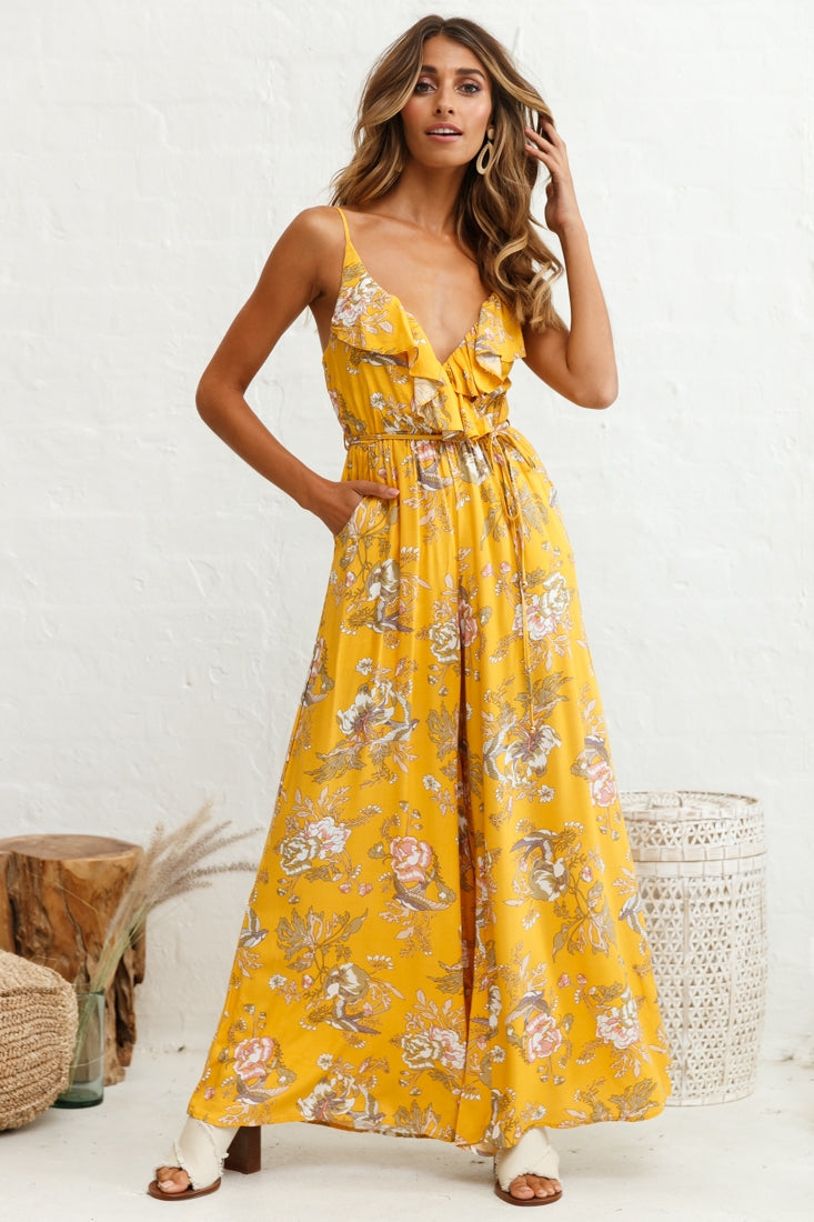 Melita Ruffle V-Neckline Jumpsuit Mustard Print by Selfie Leslie