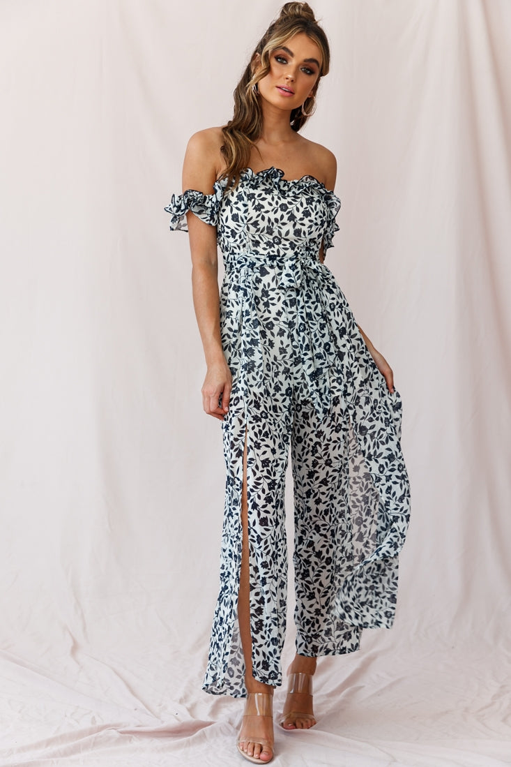 Jazz Bardot Neckline Wide Leg Split Jumpsuit by Selfie Leslie